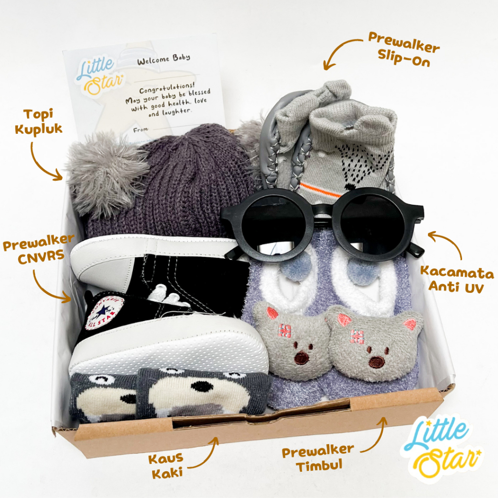 LS 6in1 Hampers Newborn Baby Gift Set Kado Lahiran Bayi Baru Lahir Topi Kupluk Rajut Sepatu Kaos Kaki Prewalker Kacamata Anti UV