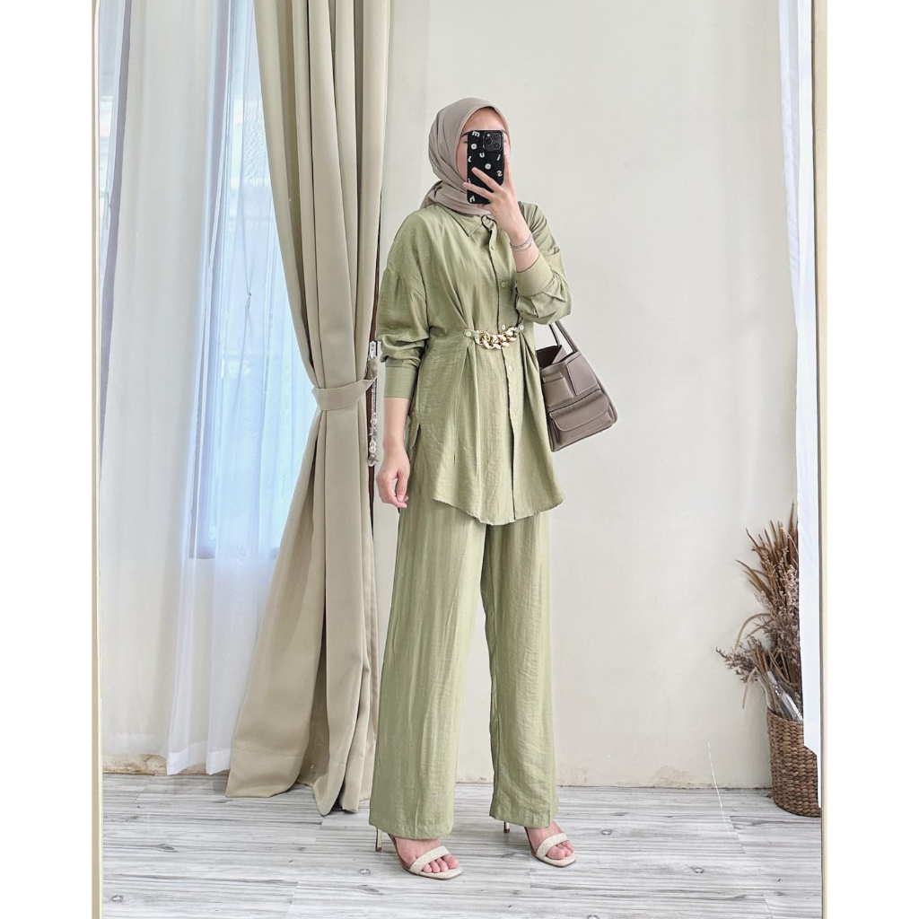FD_Baju One Set Celana Atasan Wanita Kombinasi Rantai Bahan Polo Linen  Model Terbaru / One Set Wani