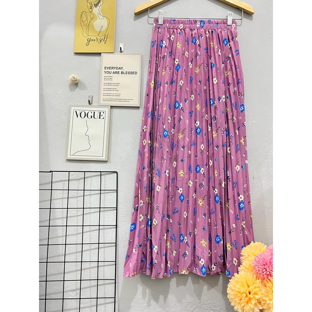 Halo_ azelea | pleated skirt floral | rok plisket bunga wanita | rok panjang