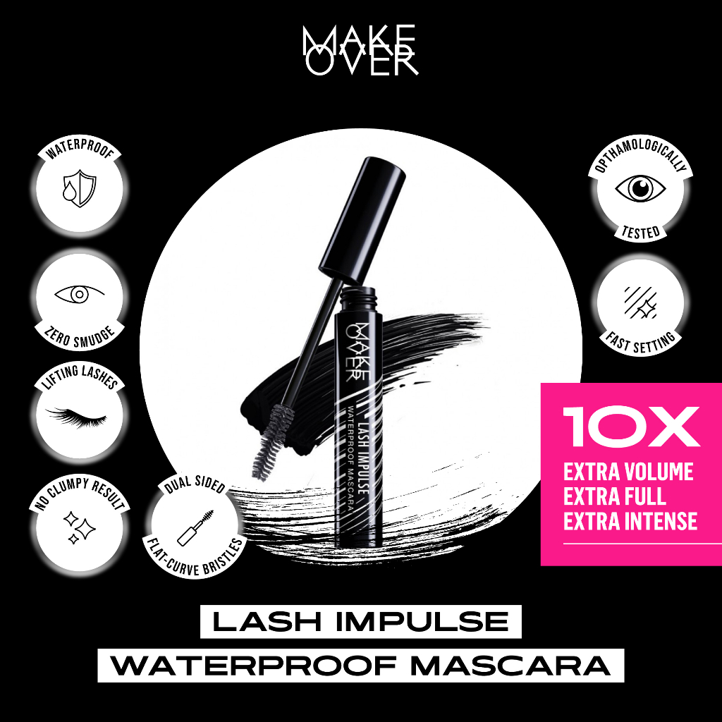 MAKE OVER Lash Impulse Mascara - Maskara waterproof volume efek panjang tidak clumpy smudgeproof tahan lama seharian mudah dibersihkan