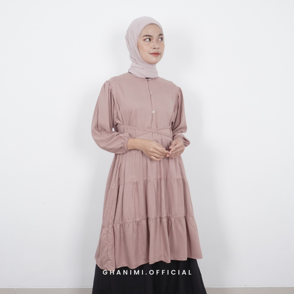 Ghanimi - Farisa Tunik / Dress Rayon Polos / Dress kondangan kekinian / gamis terbaru  lengan panjang wudhu friendly / gamis kancing tali ruffle / dress kancing shanghai busui friendly