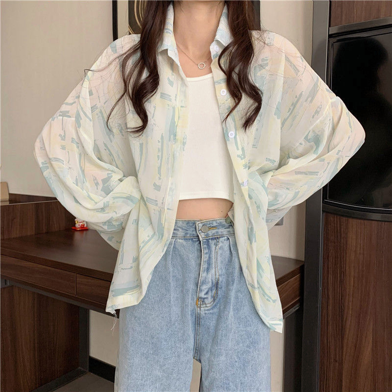 yikoo-Oversize kemeja korea bermotif shirt atasan blouse wanita big size