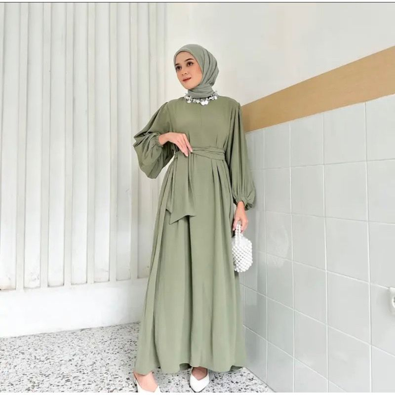 Revalisha Dress Busui Wanita Terbaru Aksen Tali Pinggang Tangan Balon Dres Remaja Muslim Bahan Polo Linen Premium Import Korean Style Jumbo Baju Lebaran Wanita Muslimah Motif Polos Kekinian Terbaru 2023