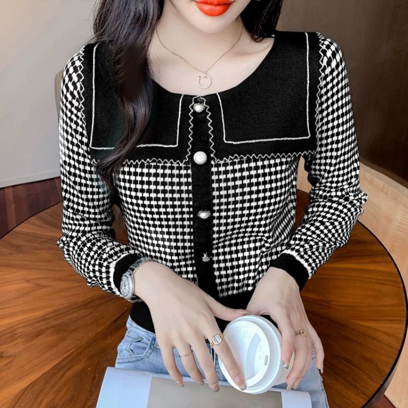 81021 Baju atasan blouse RAJUT KNIT lengan panjang Korea Korean style hitam putih wanita import baju