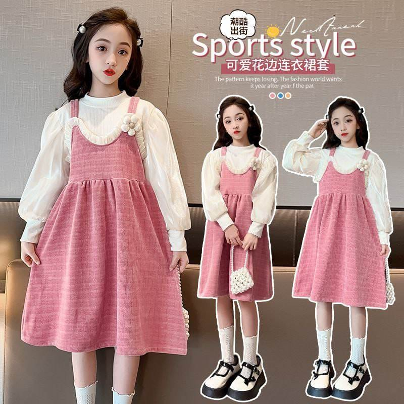 Setelan Overall Dress Anak Perempuan Feminine Flower Soft Pink