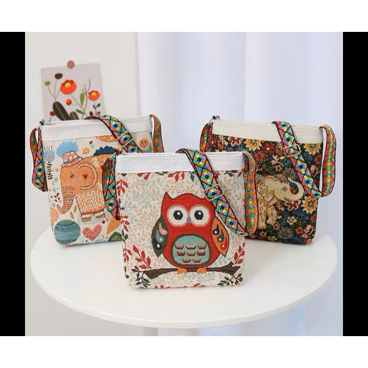 Tas kanvas selempang owl model tali rainbow