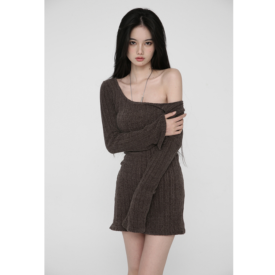 YIU YIU Rajut - Korea Bodycon Square Neck Mini Dress Wanita Sexy Knit Dress Long Sleeves