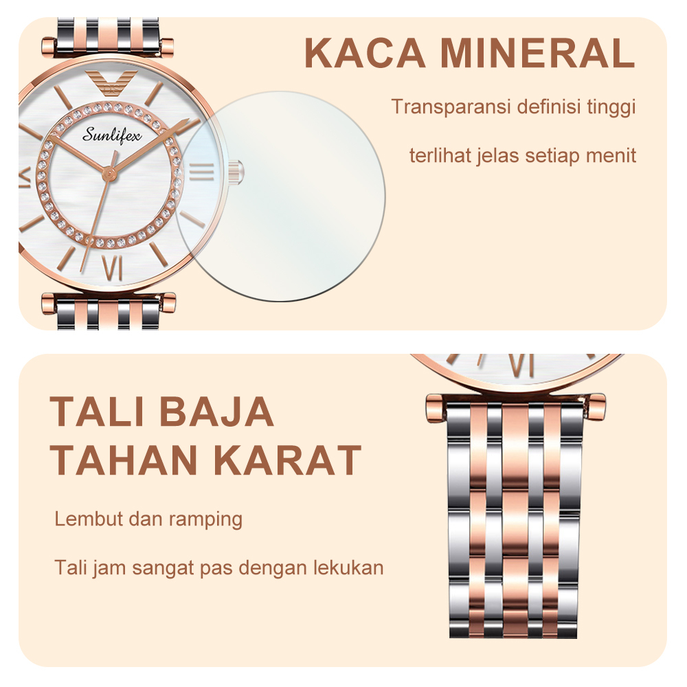 SUNLIFEX Jam Tangan Wanita Original Berlian Putaran Dial Tampilan Jam Tangan Wanita Anti Air Kuarsa Tali Stainless Steel Mode Bisnis Jam Tangan Cewek