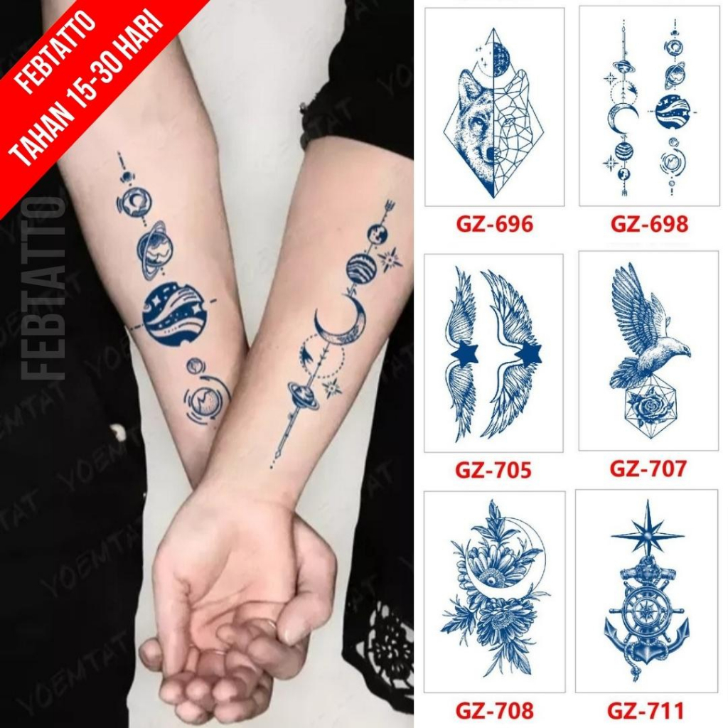 FRUIT INK Tato Semi Pemanent Tahan 1 Bulan Ukuran 11cmx18cm Tato Lengan Tato Dada Tato tangan Tato Kaki Tato Punggung Tato Jari  Motif Aesthetic Tatto Temporary Stiker Tato Halal Grosir Tato air motif bunga, jangkar, burung, sayap, planet, serigala GZ 698