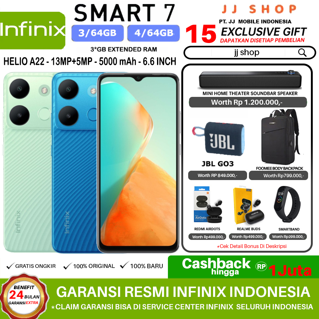 INFINIX SMART 7 4/64 &amp; 3/64 GB RAM 4GB 3GB ROM 64GB GARANSI RESMI