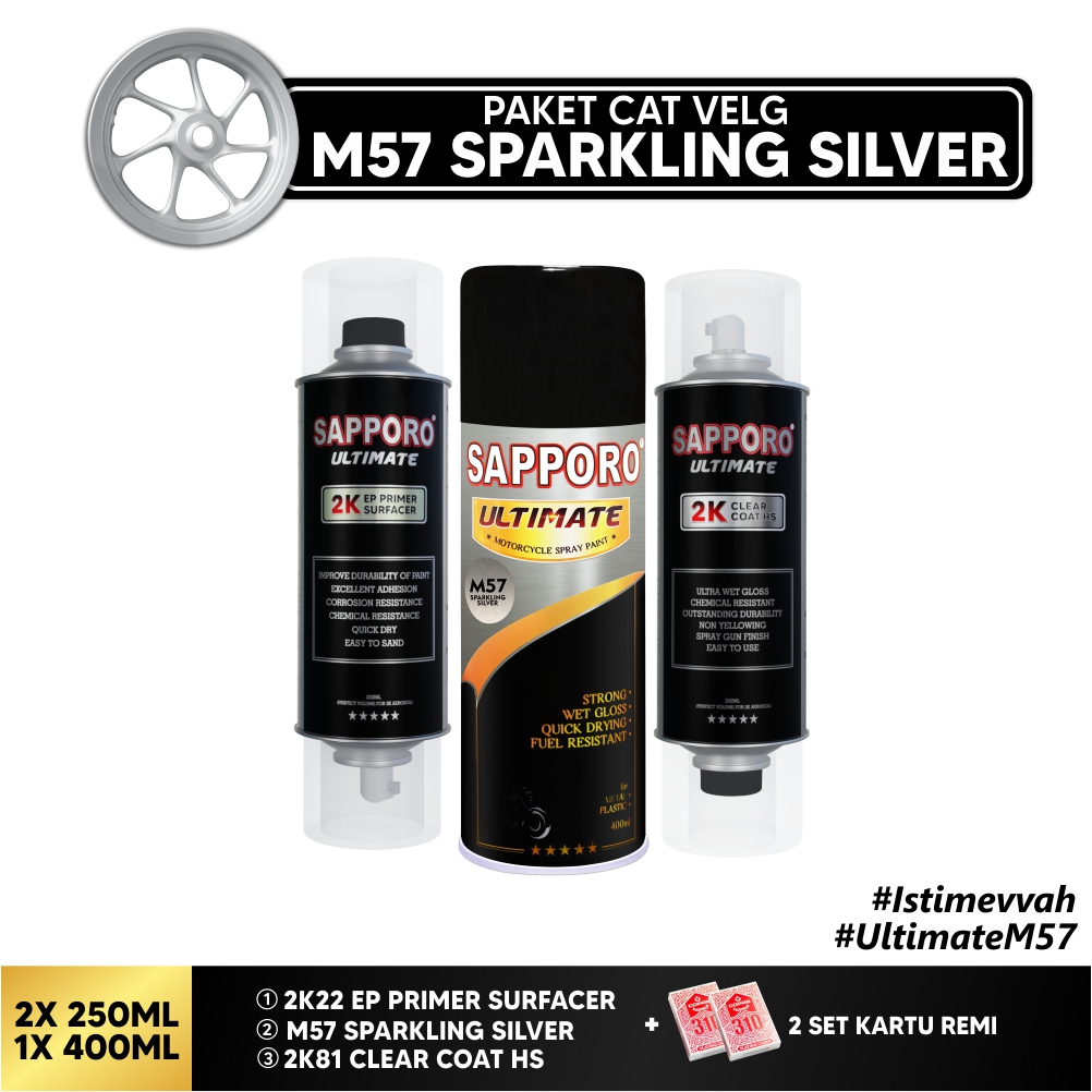 Paket Cat Velg M57 Sparkling Silver + FREE Kartu Remi / Sapporo Ultimate /Cat Spray Semprot Aerosol