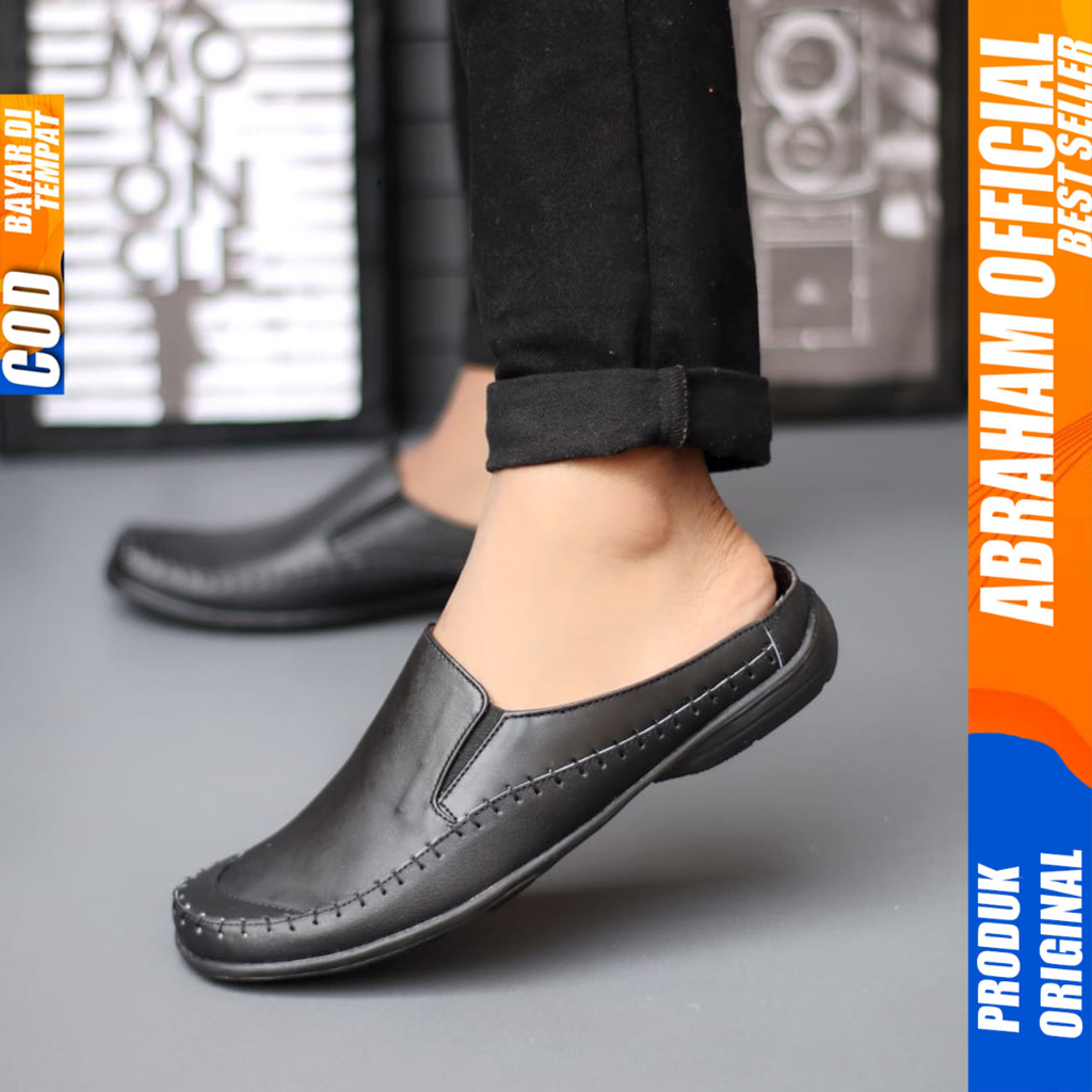 Sepatu Sandal Pria Bustong Casual Kulit Asli Hitam Abraham Celvin