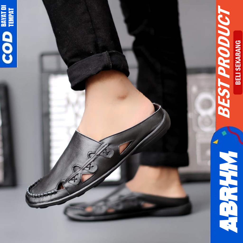 Sepatu Sandal Pria Slop Bustong Kulit Asli Selop Pria Abrhm Ervano