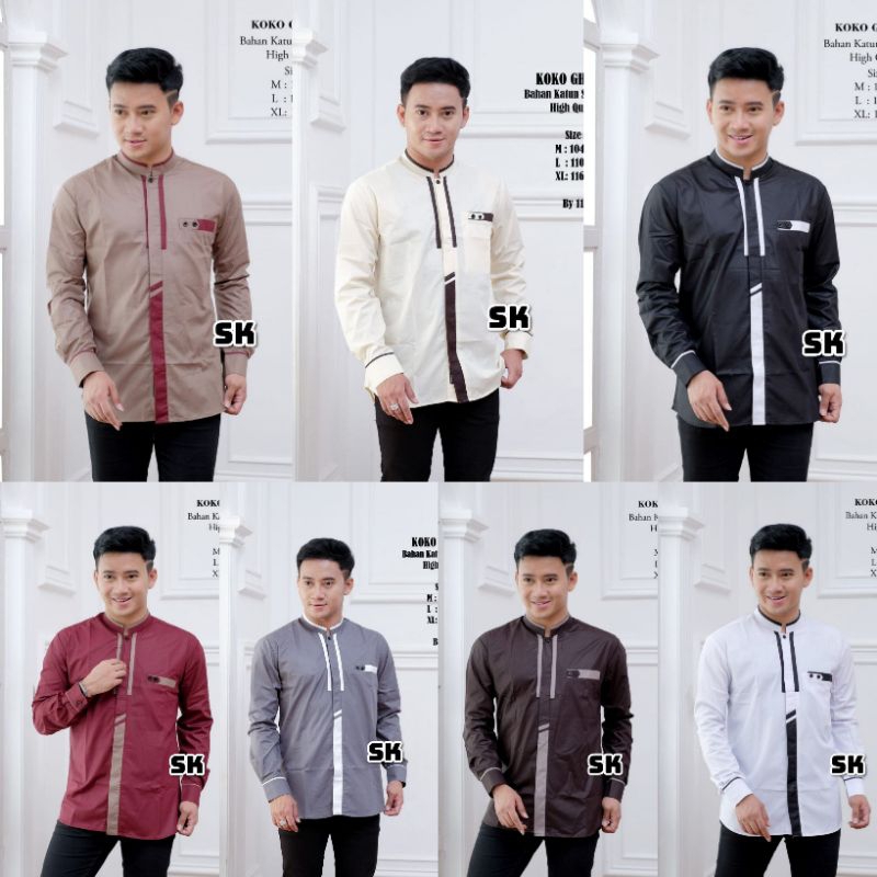 KOKO GHONILY ATASAN BAJU KOKO PRIA COWOK LENGAN PANJANG POLOS KOMBINASI MOTIF GARIS/LIST BUSANA MUSL