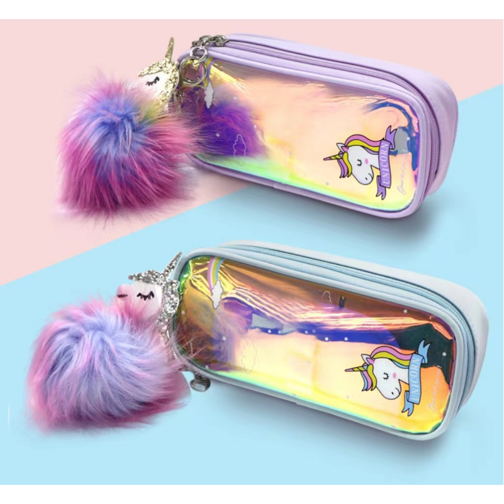 

Pencil case tempat pensil hologram dengan gantungan kunci pompom
