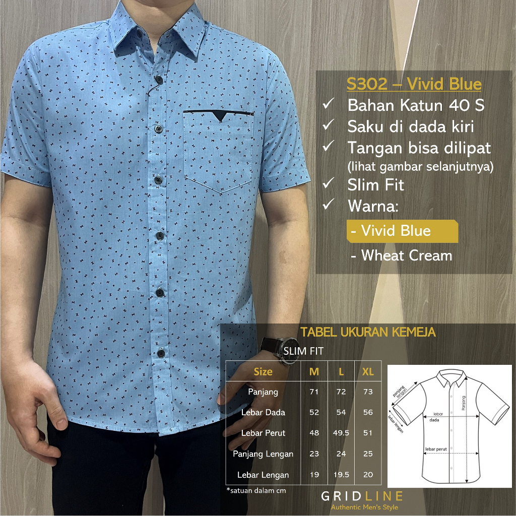 [GRIDLINE - S302 Vivid Blue &amp; Wheat Cream] Kemeja Pria Cowok Katun Lengan Pendek Slimfit Casual Best Seller M-XXL