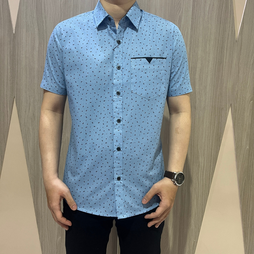 [GRIDLINE - S302 Vivid Blue &amp; Wheat Cream] Kemeja Pria Cowok Katun Lengan Pendek Slimfit Casual Best Seller M-XXL