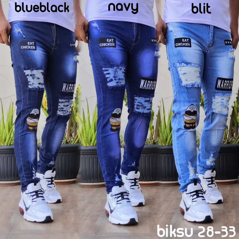 Celana Pria Jeans Ripped Bikers Sobek Bordir