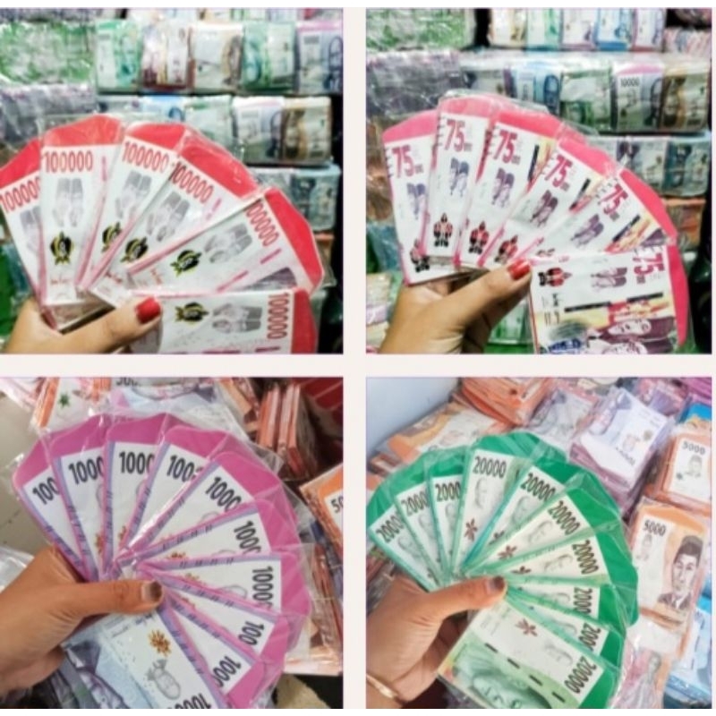 

amplop lebaran motif uang ukuran medium sudah di lem 1 plastik isi 10
