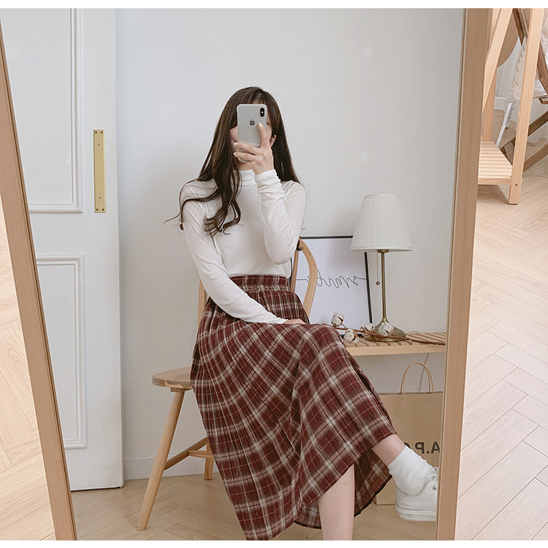 EUNII Rok Motif A-Line Lipit Panjang Kotak-Kotak Midi Skirt Korea Style