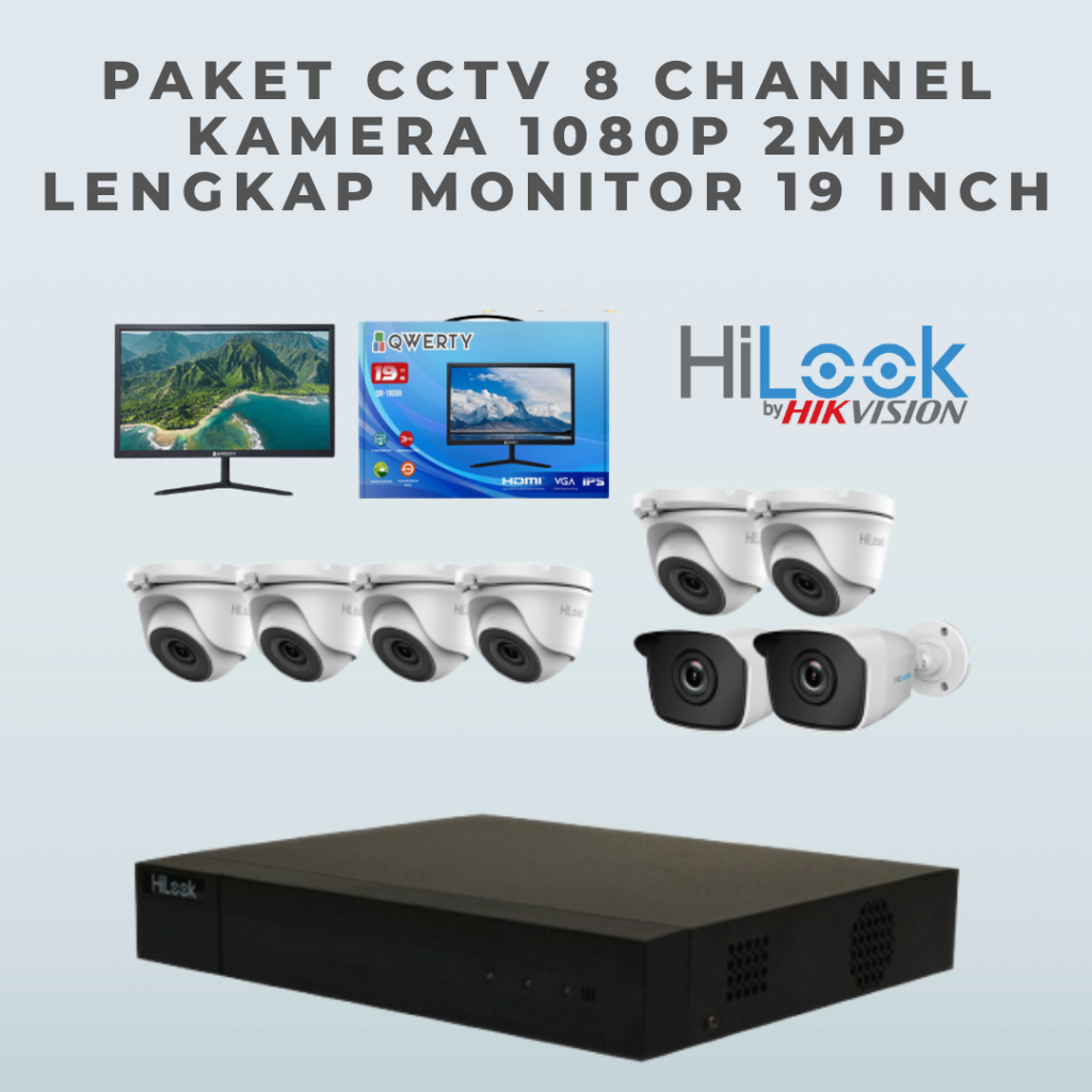PAKET CCTV 8 CHANNEL KAMERA 1080P 2MP LENGKAP MONITOR 19 INCH