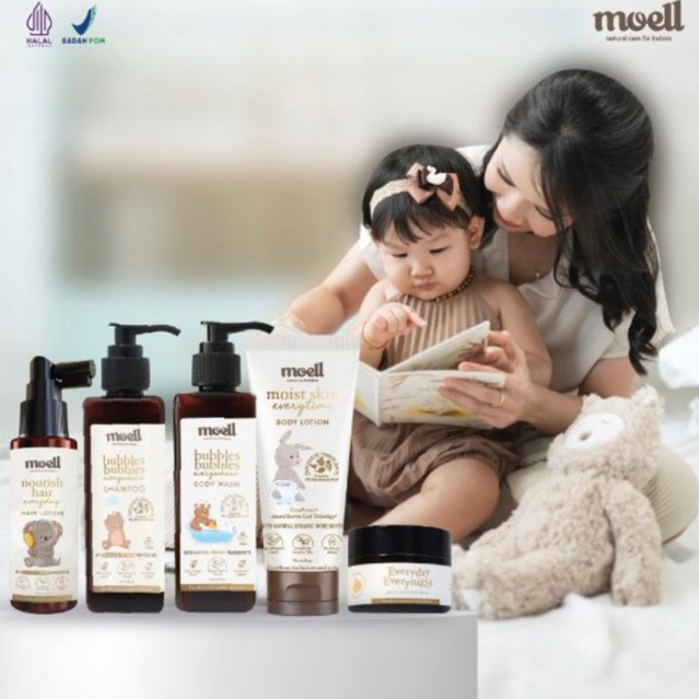 Moell Body Wash | Body Lotion | Hair Lotion Nutrisi Rambut Anak Bayi | Shampoo SLS Free | Balm Kulit Sensitif Anti Ruam Natural Organic