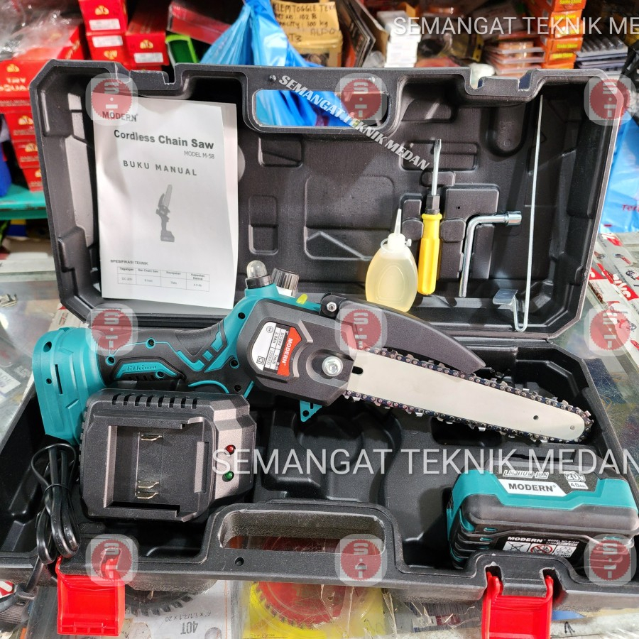 M-58 CORDLESS MESIN GERGAJI KAYU CHAINSAW 8" BATERAI 20V MODERN M58