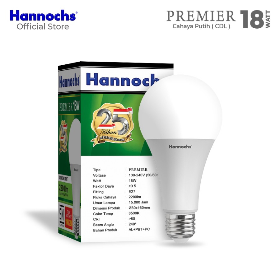 Lampu Bohlam Led 18 Watt Hannochs Premier Cahaya Putih