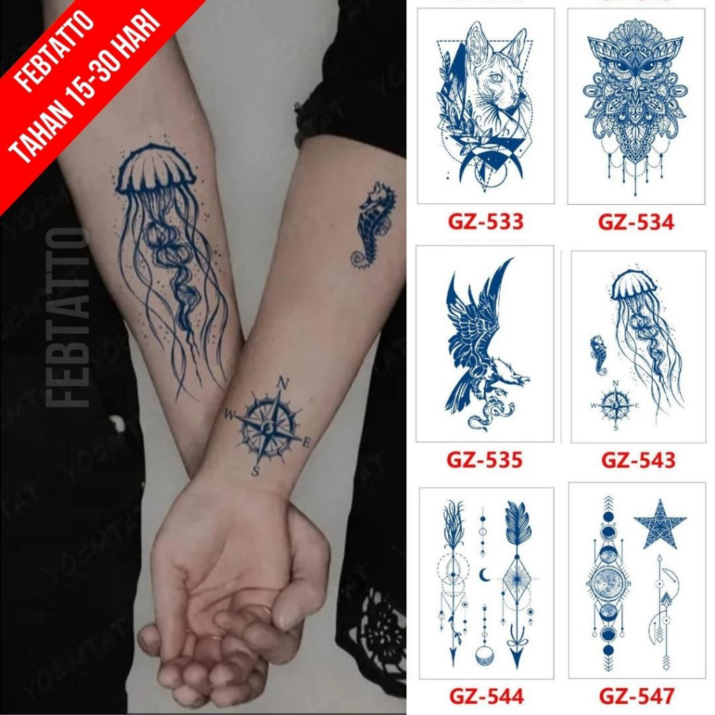 FRUIT INK Tato Semi Pemanent Tahan 1 Bulan Ukuran 11cmx18cm Tato Lengan Tato Dada Tato tangan Tato Kaki   Motif Aesthetic Tatto Temporary Stiker Tato Halal Grosir Tato air motif kucing, burung hantu, burung garuda , ubur ubur, panah, planet GZ 543