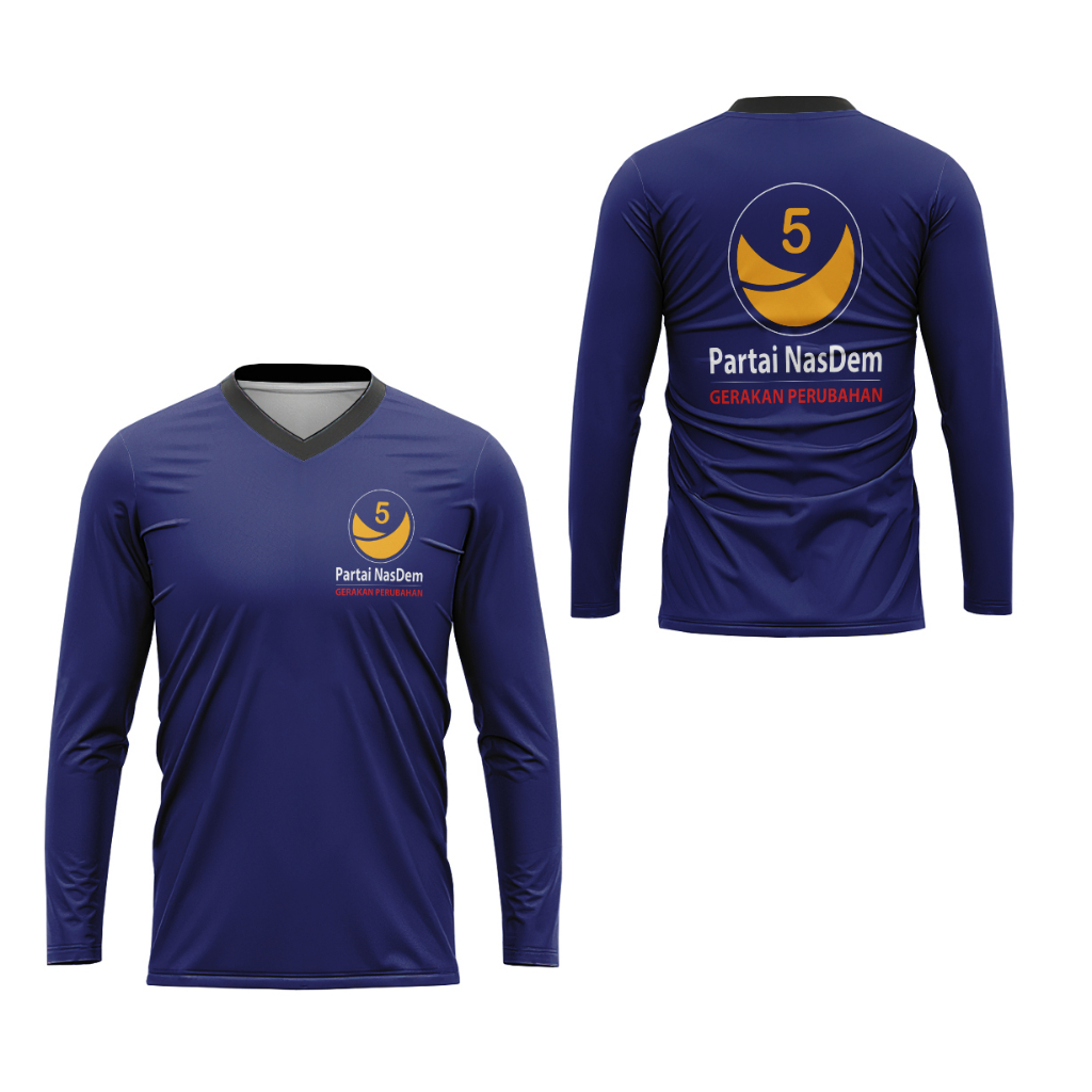 BajuArmy - Kaos Pria Lengan Panjang Partai Nasdem Full Print V-Neck