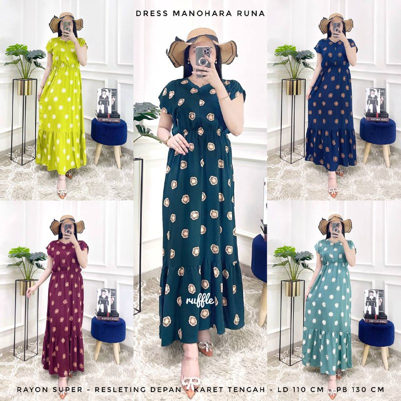 Dress Maxi Manohara Runa Dress Wanita Rayon Santung Zipper Depan