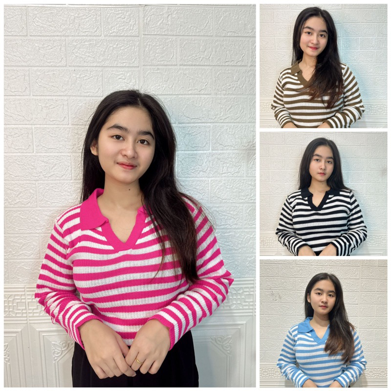 Kaos Kerah Rajut Wanita - T-shirt Polo Vneck Salur Lengan Panjang