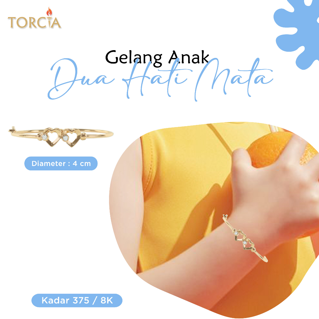 Gelang Bayi dan Anak Emas Asli Dua Hati Mata Kadar 375 Torcia