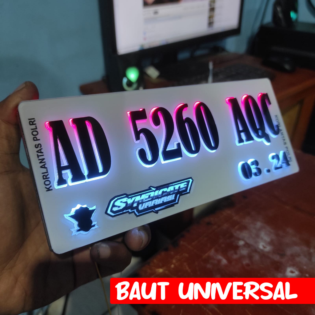 Plat Motor Timbul LED Gradasi Blue Ice Akrilik Baut Universal