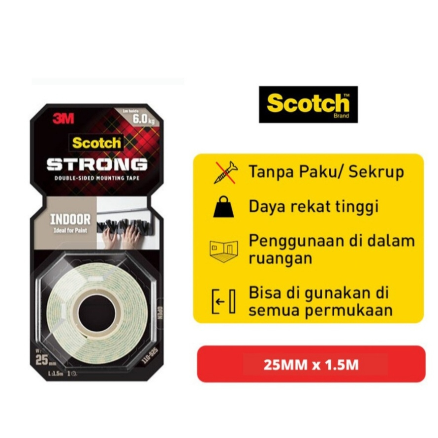 

3M Scotch Double Tape Indoor VHB 110-S25 dan 110-S12 Ukuran 25mm x4m dan 12mm x4m Daya tahan sd 2,8-6kg