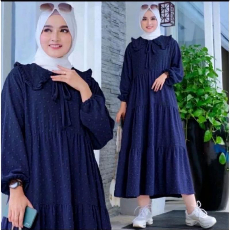 ZULFA MIDI DRESS CRINCLE URAGIRI DOTTYS DRESS WANITA SUSUN LENGAN PANJANG BUSUI