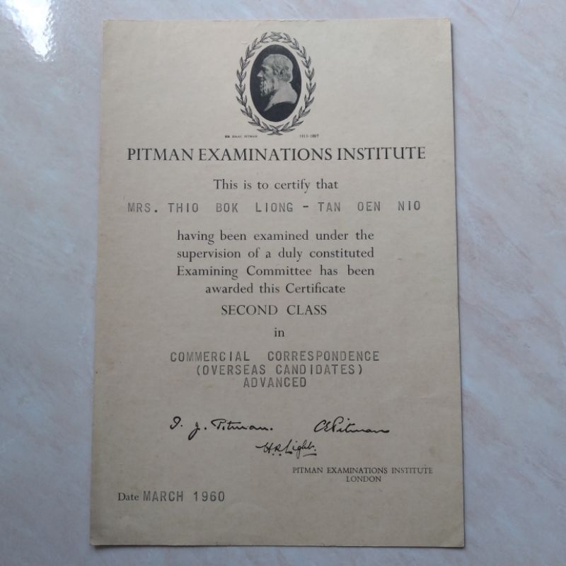 Koleksi Arsip Kuno Jadul ASLI Sertifikat Pitman London 1960 - YN60