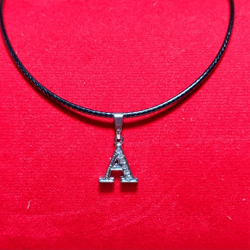 Kalung Tali Korea Hitam liontin Huruf A-L Silver Pria/ Wanita