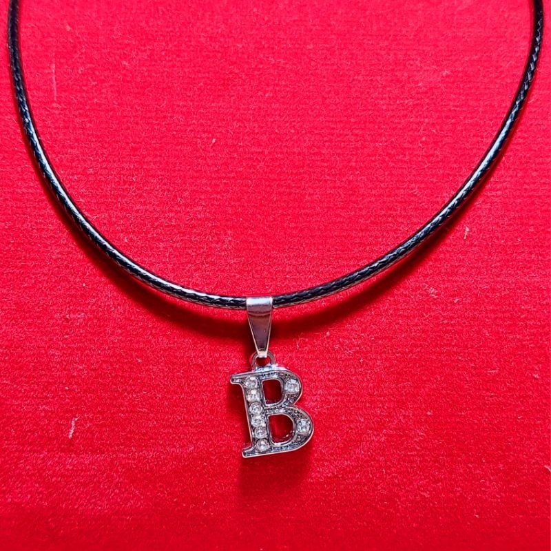 Kalung Tali Korea Hitam liontin Huruf A-L Silver Pria/ Wanita
