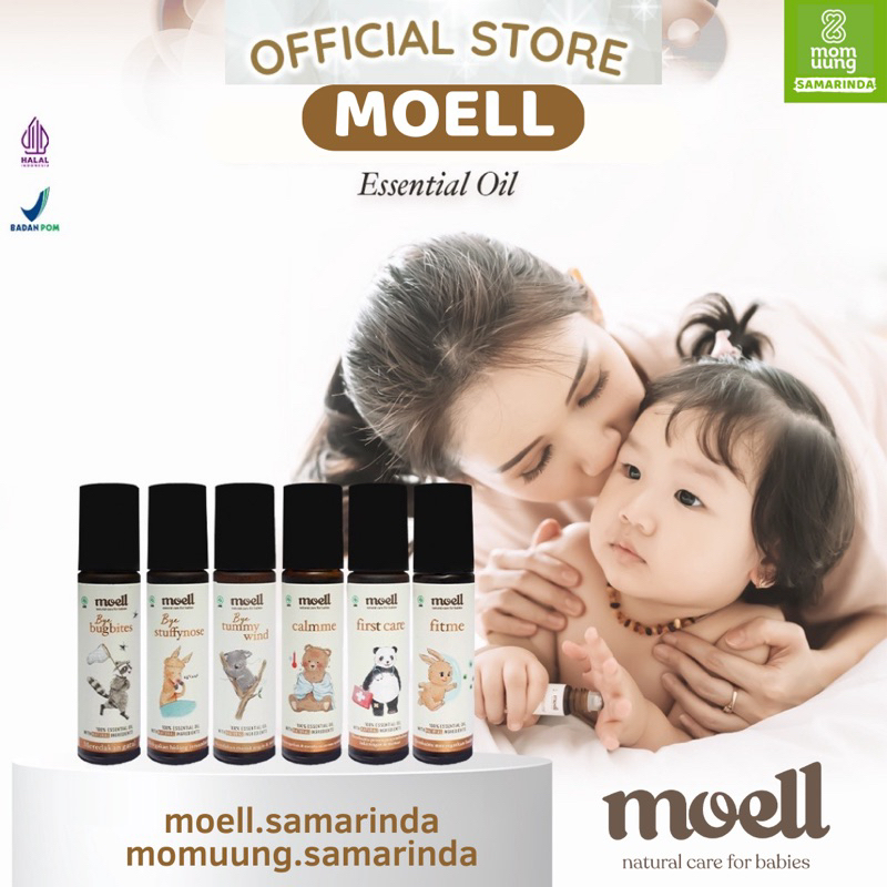 MOELL Natural Essential OIL Bye STUFFYNOSE / TUMMYWIND / CALMME / FITME / FIRSTCARE/ BUGBITES / BPOM / MomUung MOELL Samarinda Smd Mom Uung Balikpapan Banjarbaru Banjarmasin Cessa