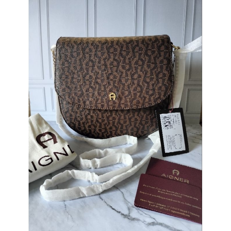 AIGNER AVA MEDIUM LOGO FANGO SIGN BROWN NWT ORIGINAL