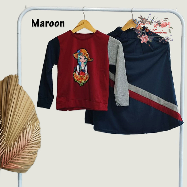 Setelan Anak Perempuan Bahan Babyterry Oneset Kids Atasan + Rok Panjang Kombinasi Warna Motif Karakter Sablon Untuk Anak Usia 7-10 Tahun