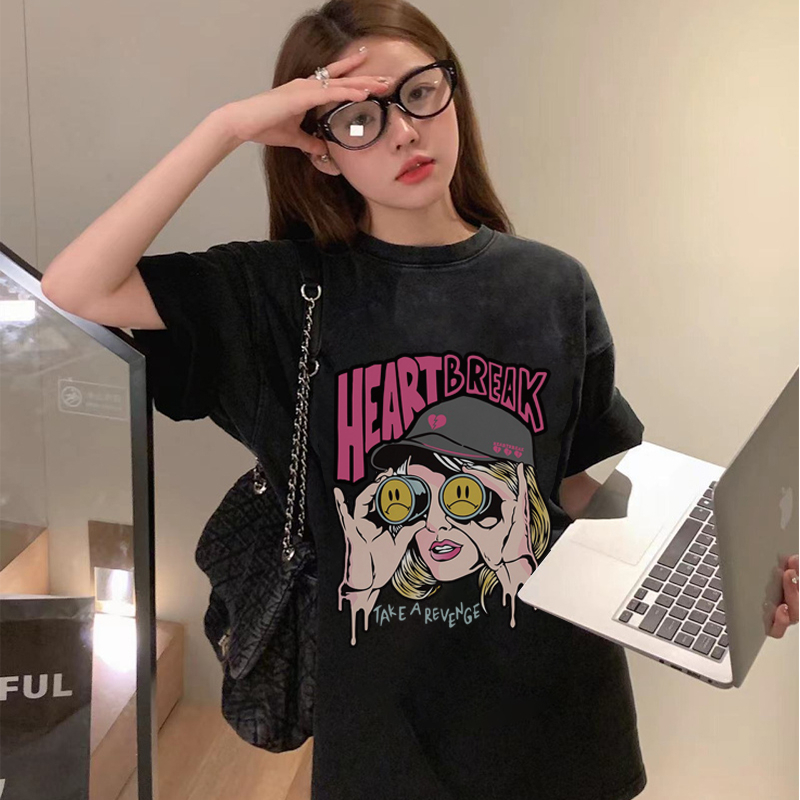 Print Washed T-shirt Kaos Lengan Pendek Oversize Hitam Vintage Pink Heart Break Korean Style Atasan Wanita