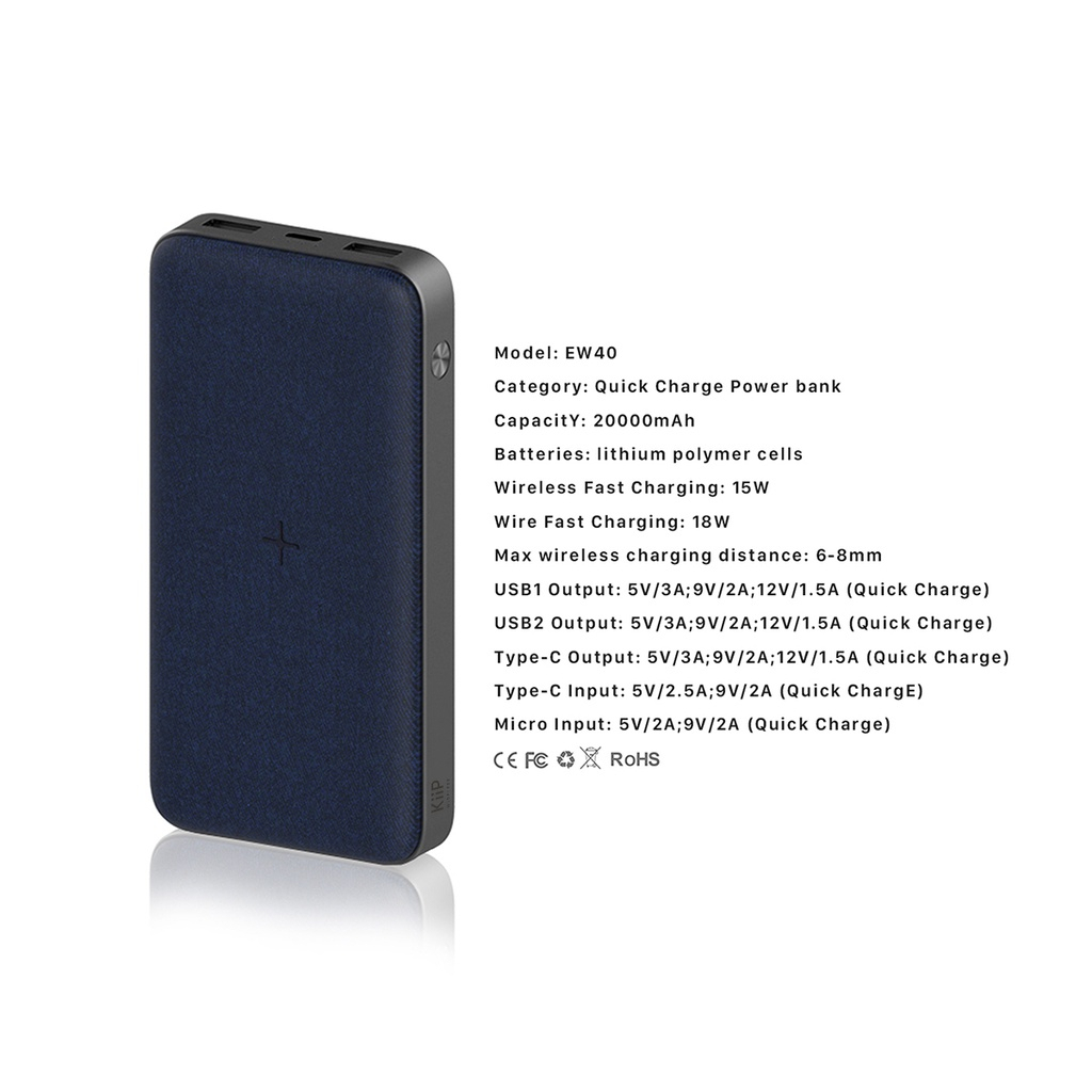 KiiP WIRELESS EW40 Power Bank 15W Fast Charging PD&amp;QC 3.0 20W 20000mAh Mendukung Pengisian cepat seperti QC3.0, FCP(Huawei), AFC(Samsung) dan lain