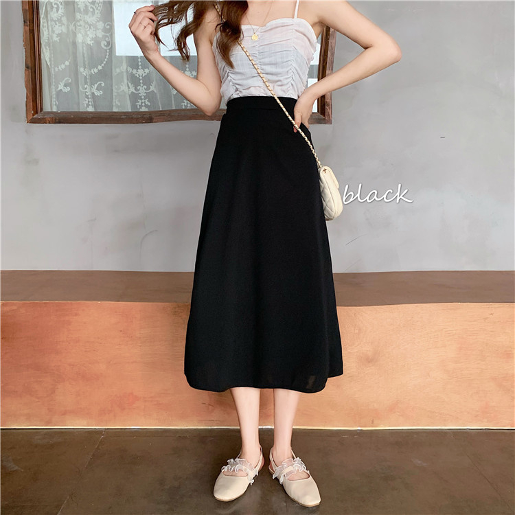 EUNII Warna Solid Rok Midi A-line Hitam Minimalis High Waist Pinggang Elastis Korean Style