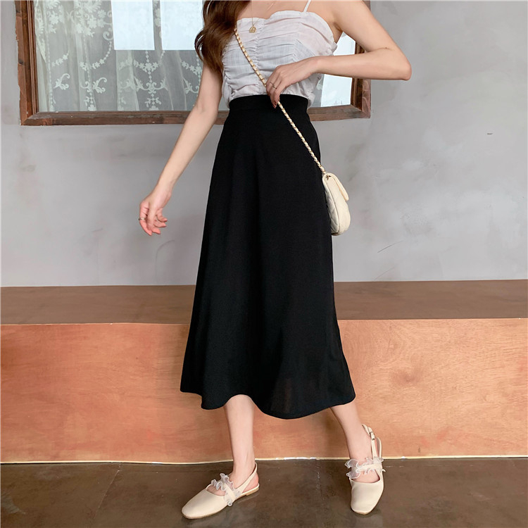 EUNII Warna Solid Rok Midi A-line Hitam Minimalis High Waist Pinggang Elastis Korean Style