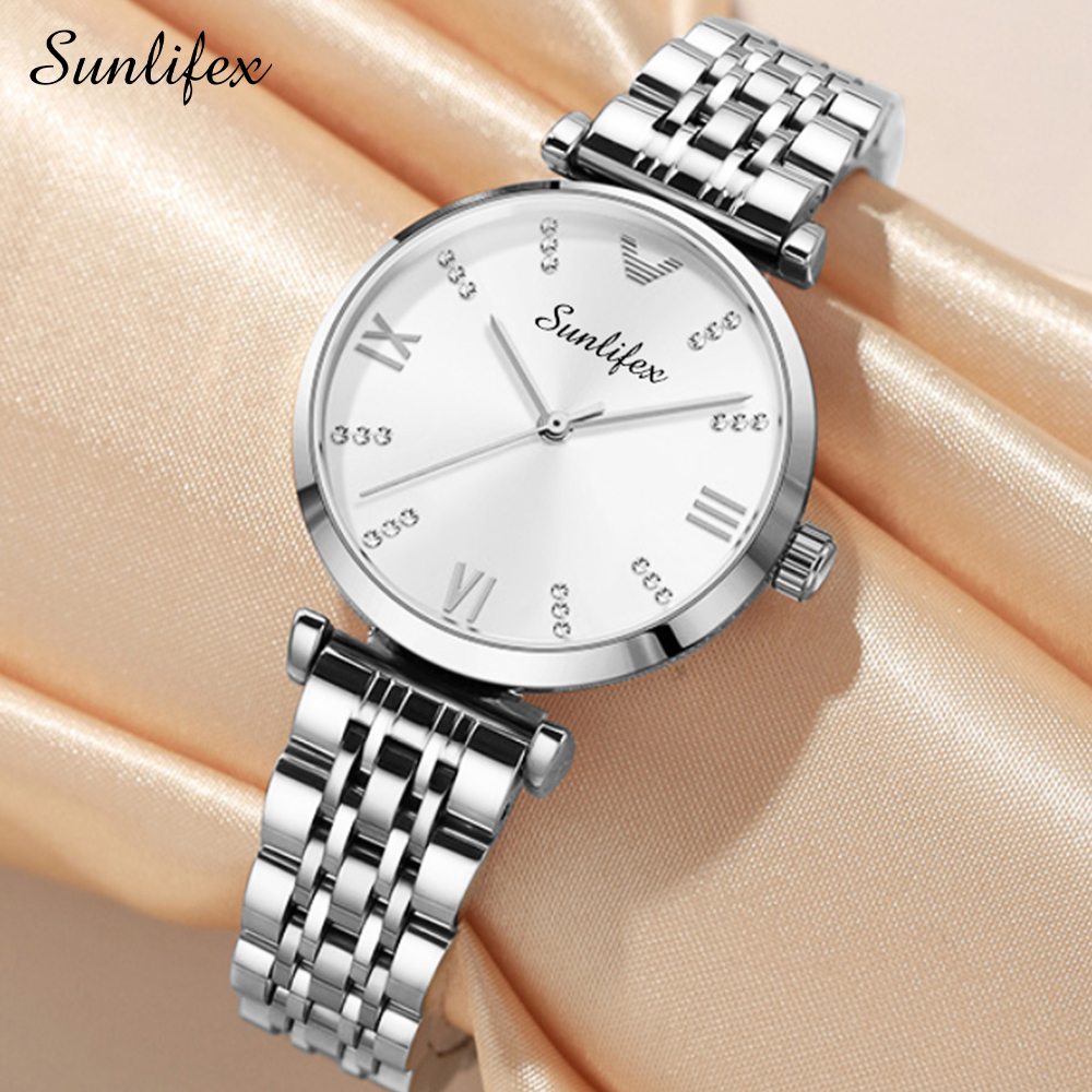 Sunlifex Jam Tangan Wanita Berlian 9018 Original Anggun Santai Wanita Tali Stainless Steel Jam Tangan Cewek-Silver