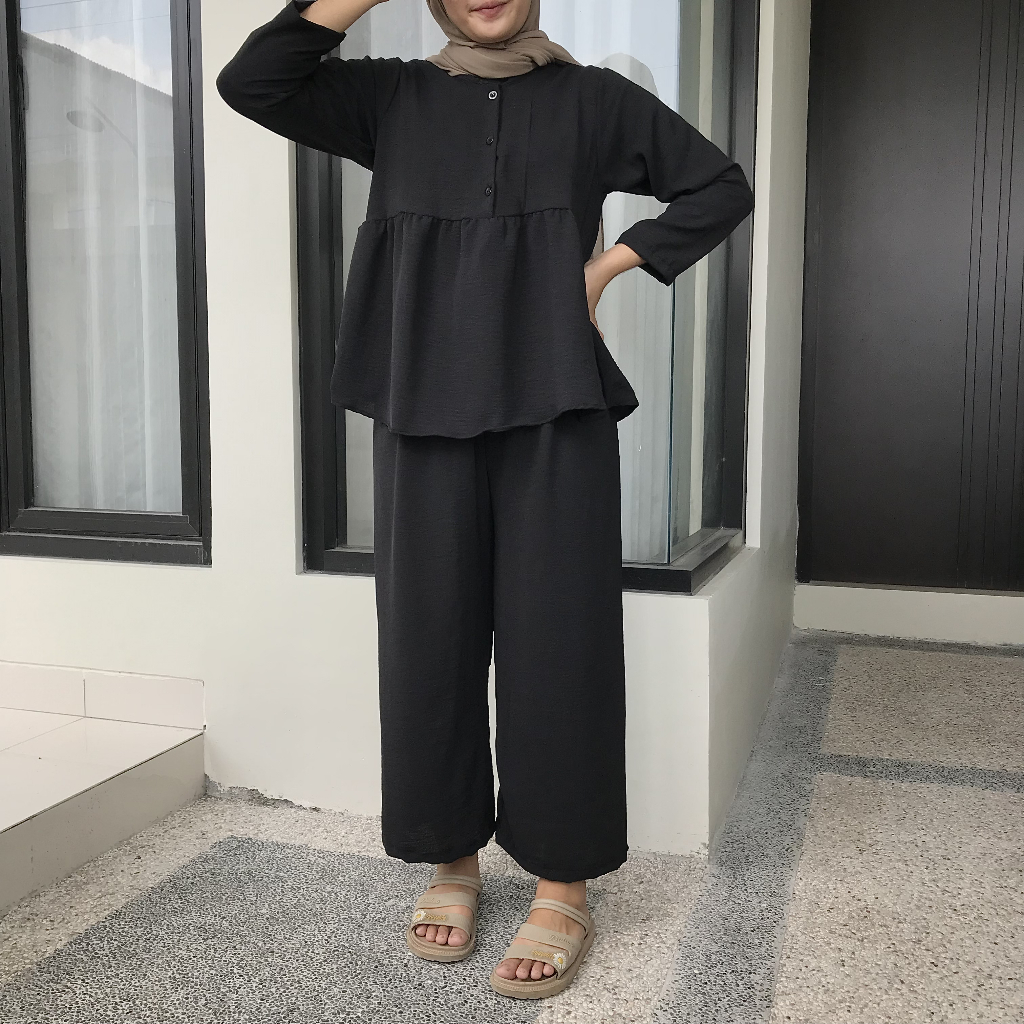 ONE SET BLOUSE KANCING RUFFLE KULOT CRINKLE AIRFLOW | SETELAN CRINKLE KULOT BLOUSE MURAH