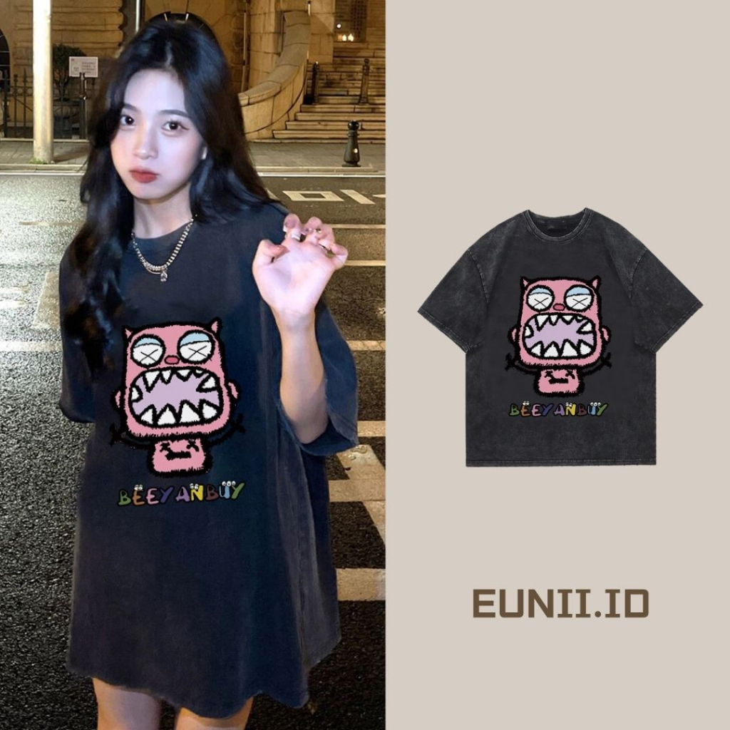 EUNII T-shirt Lengan Pendek Black Washed Cartoon Pink Monster Printing Korean Style/Kaos Atasan Wanita/Baju Wanita/Kaos Wanita