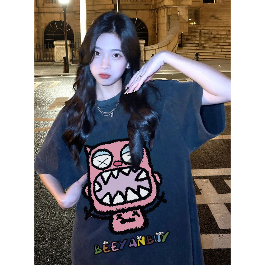 EUNII T-shirt Lengan Pendek Black Washed Cartoon Pink Monster Printing Korean Style/Kaos Atasan Wanita/Baju Wanita/Kaos Wanita